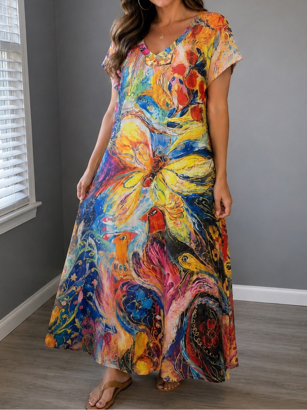 NORACORA Colorful Abstract Bird & Floral Maxi Dress Size Large